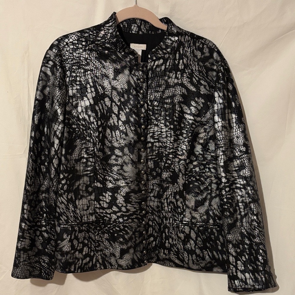 Chico's Black Jacket with Silver Metallic Pattern
